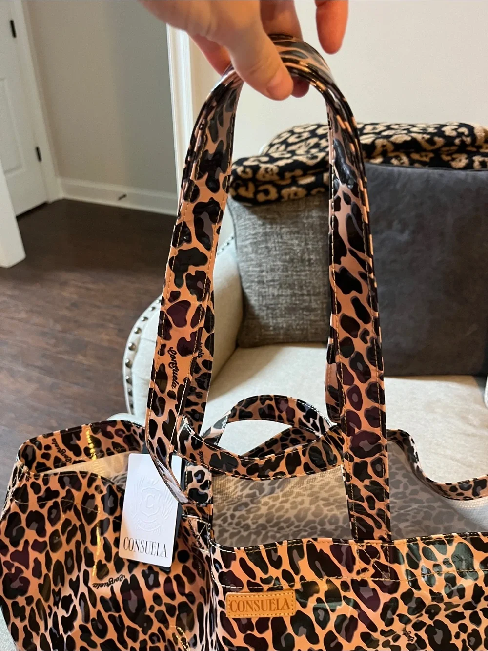 Consuela Leopard-Print Patent Tote in Brown & Black